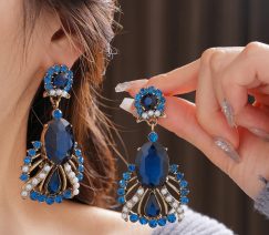 Peacock Blue Geometric Artificial Pearl Diamond Inlay Earrings